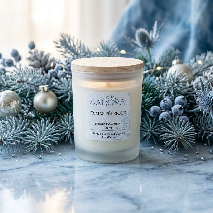 Bougie Sapora Frimas Féérique sur une table en marbre, entourée de branches de sapin, de baies bleues et de décorations de Noël argentées et dorées, avec un fond bleu flouté. Bougie 100 % soya fabriquée à la main à Québec.