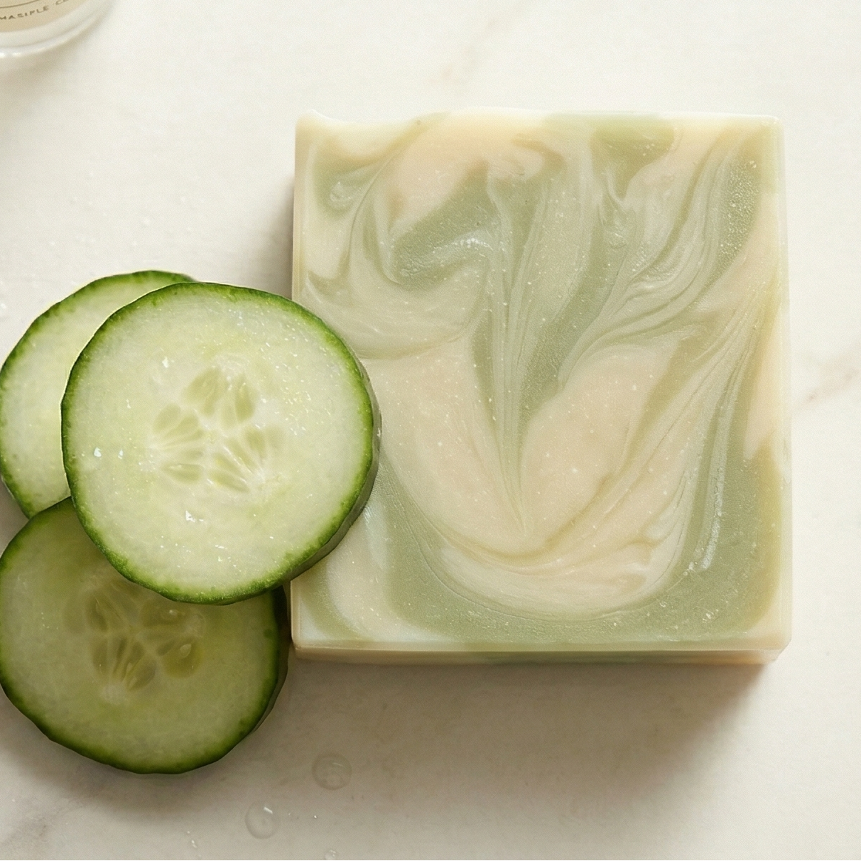Savon artisanal au concombre frais avec design marbré vert et blanc, posé sur un marbre blanc chic à côté de rondelles de concombre fraîches, ambiance cosmétique naturelle et minimaliste.