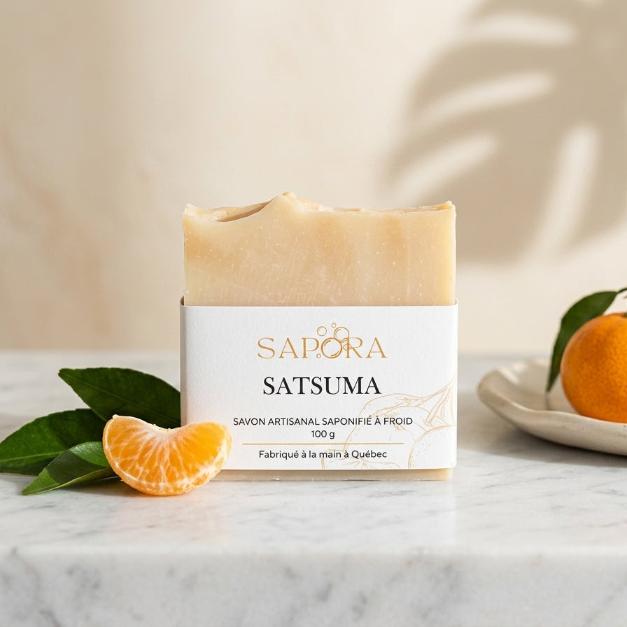 Savon artisanal Sapora au parfum de satsuma saponifié à froid posé sur un comptoir en marbre avec des mandarines fraîches et un éclairage naturel.