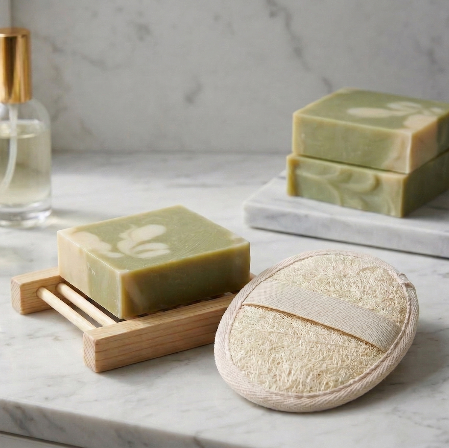 Ensemble d'accessoires de bain Sapora incluant un porte-savon en bois naturel, une éponge exfoliante en luffa et des savons artisanaux vert sauge sur un comptoir en marbre