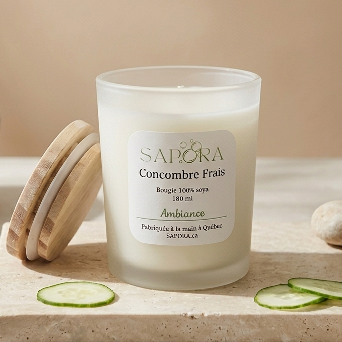Bougie parfumée 100% soya 'Concombre Frais' par Sapora, fabriquée à la main au Québec. Ambiance de bien-être avec une chandelle au design épuré, accompagnée d'ingrédients frais et naturels pour une expérience relaxante.
