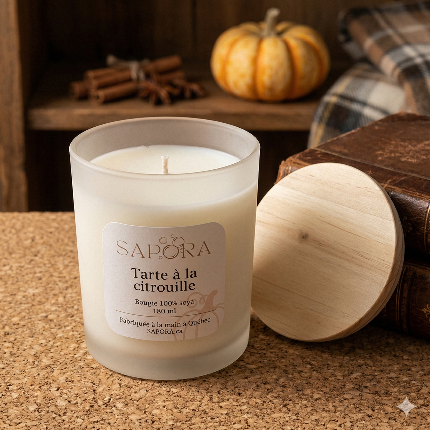 Chandelle parfumée à la citrouille et épices d'automne faite à la main au Québec, cire de soya 100% naturelle de 180 ml par Sapora.