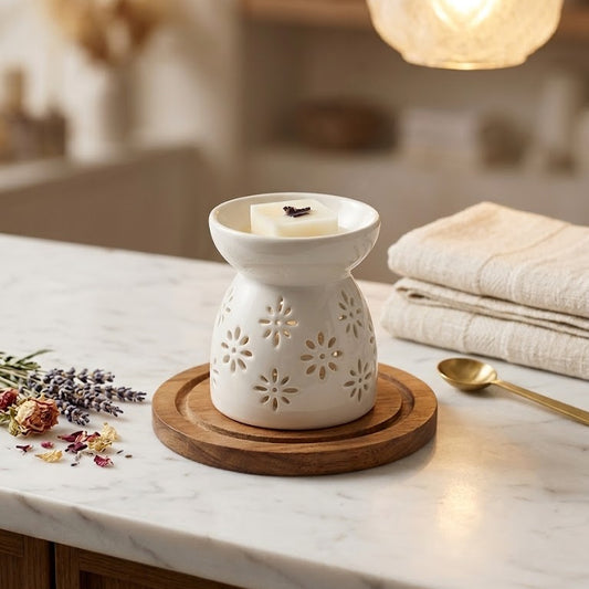 Brûleur à cire en céramique blanche avec motifs de fleurs ajourés, posé sur un socle en bois et un comptoir de marbre, ambiance intérieure chic et lumineuse avec des fleurs séchées.