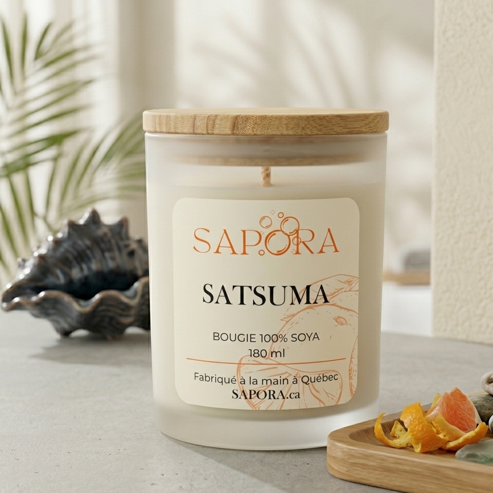 Bougie artisanale Sapora au parfum d'agrumes Satsuma dans un pot en verre givré, 180 ml.