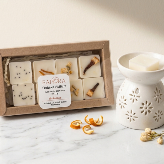 Boîtier de cubes de cire de soya Fruité et Vivifiant Sapora avec diffuseur en céramique blanche et zestes d'agrumes sur marbre chic.