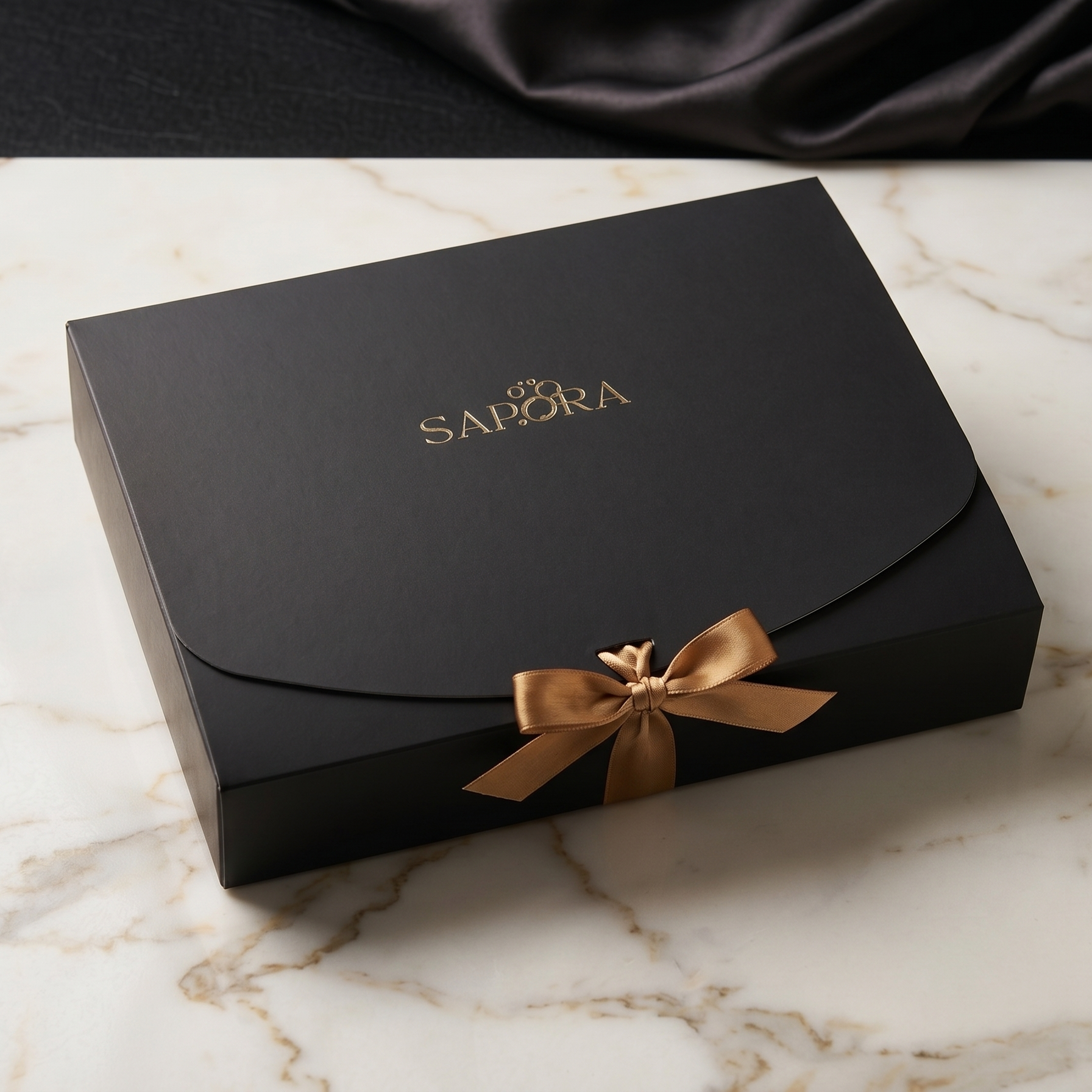 Boîte cadeau de luxe noire avec ruban doré et logo Sapora marqué à l'or, emballage cadeau chic et minimaliste pour produits de soins corporels artisanaux.