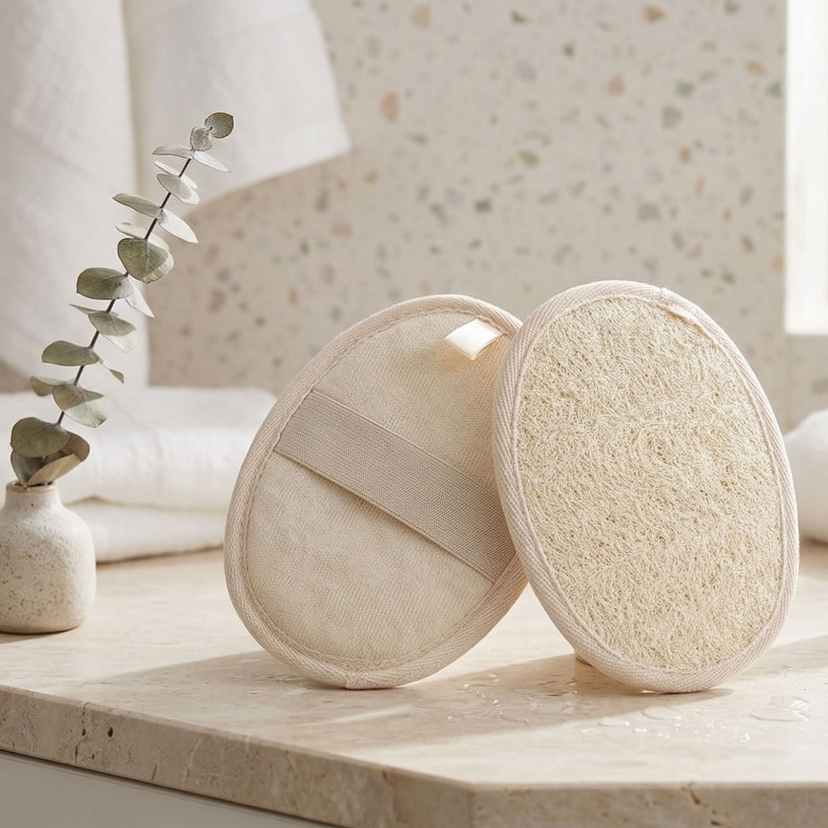 Éponge exfoliante luffa naturel avec sangle élastique pour le corps, accessoire de bain écoresponsable, style minimaliste chic sur comptoir de pierre.