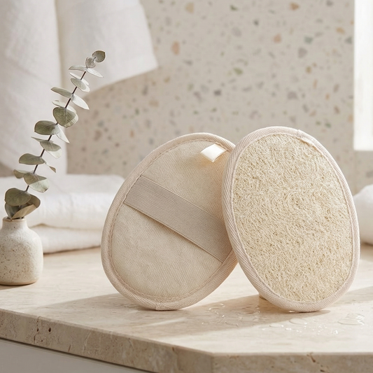Éponge exfoliante luffa naturel avec sangle élastique pour le corps, accessoire de bain écoresponsable, style minimaliste chic sur comptoir de pierre.