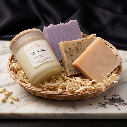 Ensemble cadeau détente dans un panier en osier tressé avec bougie parfumée végétale et savons artisanaux, décoration de salle de bain zen et épurée.