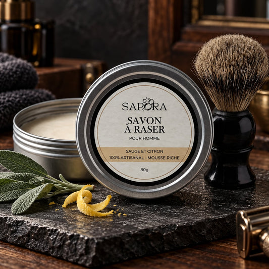 savon à raser dans un contenant d'aluminium avec un blaireau sur une ardoise noire. Chic et élégant, avec des feuilles de sauge et de l'écorce de citron