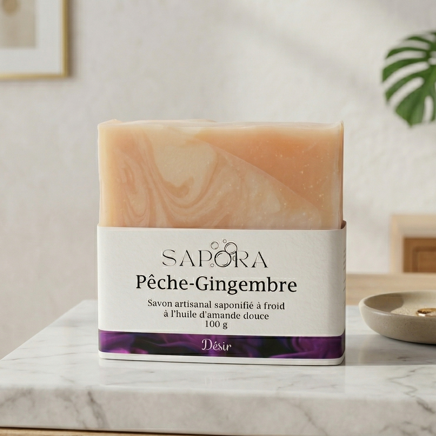 Savon artisanal Sapora Pêche-Gingembre à l'huile d'amande douce, posé sur un comptoir en marbre blanc dans un décor minimaliste et chic.