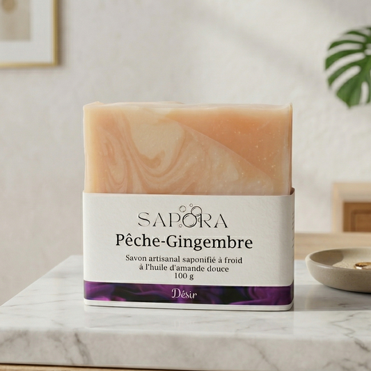 Savon artisanal Sapora Pêche-Gingembre à l'huile d'amande douce, posé sur un comptoir en marbre blanc dans un décor minimaliste et chic.