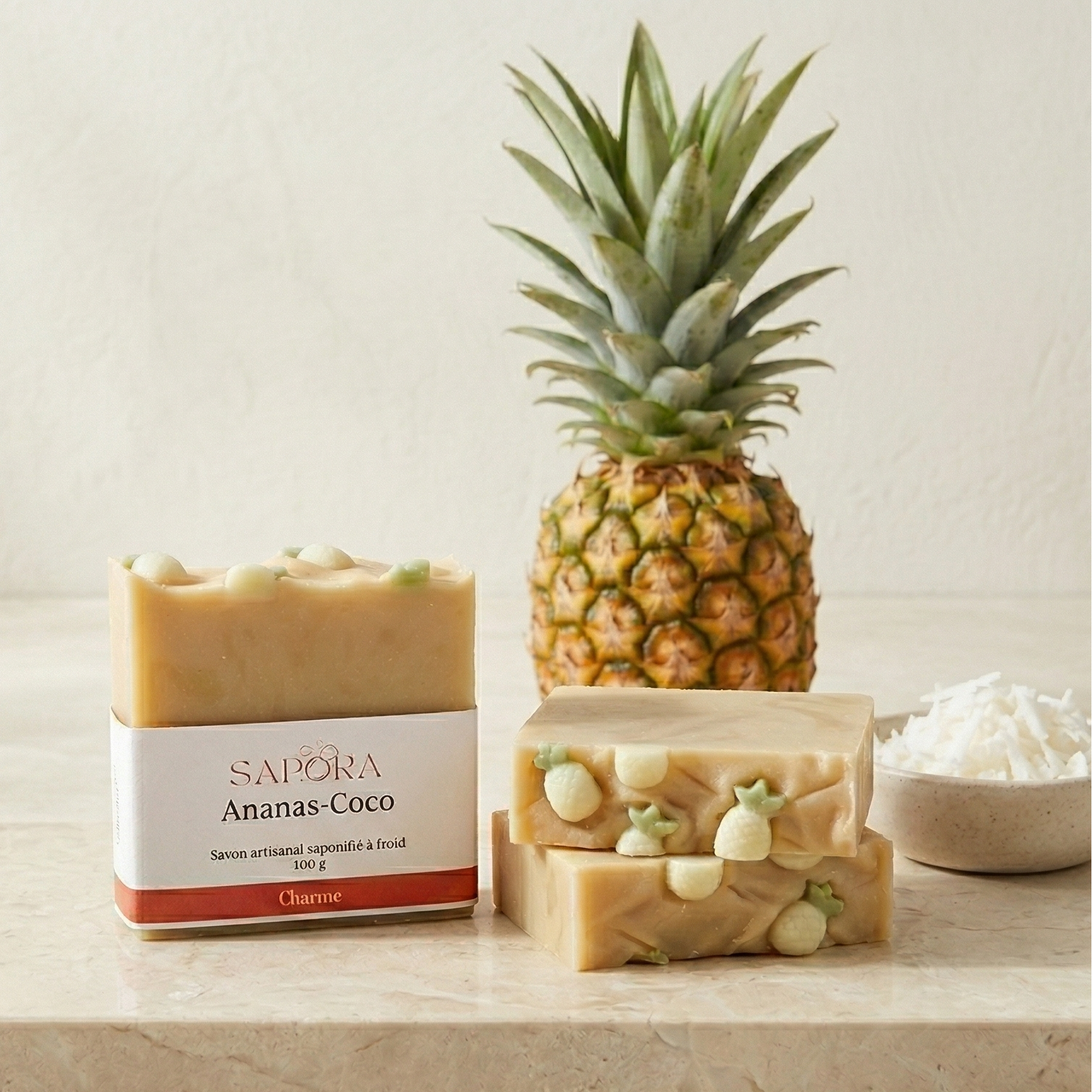 Savon artisanal Sapora Ananas-Coco sur un socle en marbre, décoré de copeaux de noix de coco et d'un ananas frais entier en arrière-plan.