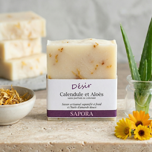 Savon artisanal Sapora Calendule et Aloès sans parfum, présenté sur un socle en pierre avec fleurs de souci et branche d'aloès fraîche.