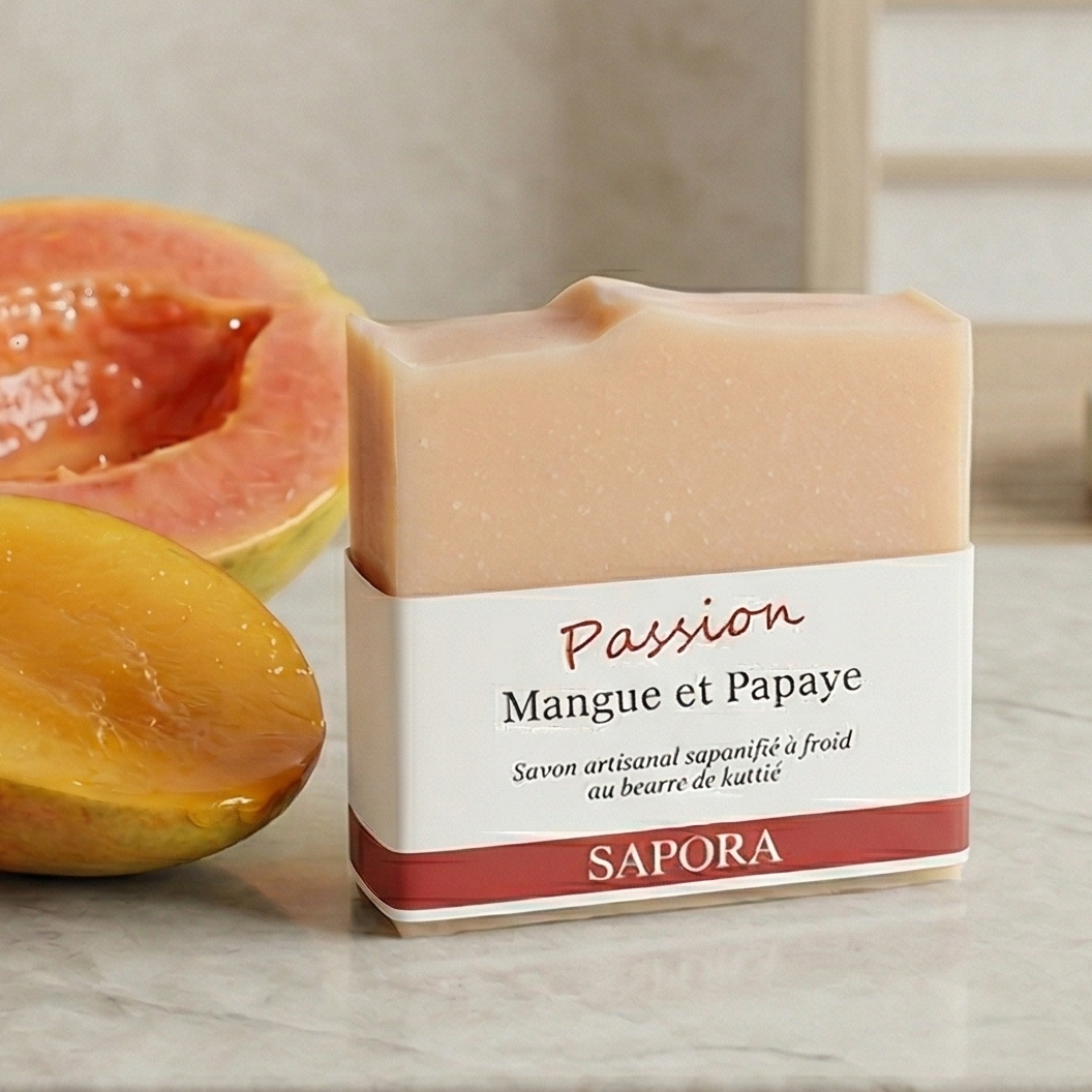 Savon artisanal Sapora Mangue et Papaye au beurre de karité, posé sur un socle en marbre à côté d'une mangue et d'une papaye fraîches coupées, décor zen chic.