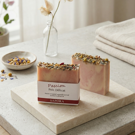Savon artisanal Sapora Pois Délicat aux pois de senteur, enrichi de beurre de karité, décoré de fleurs séchées, posé sur un plateau en marbre dans une salle de bain chic et lumineuse.