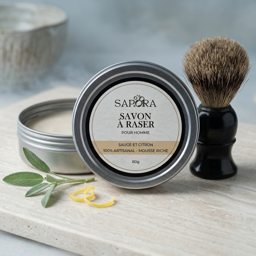 Savon à raser artisanal Sapora pour homme, parfum sauge et citron, pot de 80g. Soin de rasage traditionnel québécois dans un emballage minimaliste et masculin.