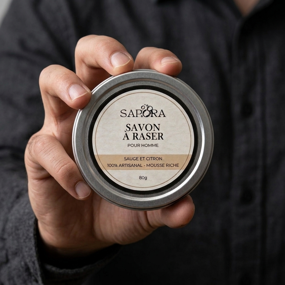 Présentation du savon de rasage Sapora Sauge et Citron. Un produit de soin masculin haut de gamme, fabriqué au Québec, présenté dans un boîtier métallique épuré pour un rasage traditionnel, chic et rafraîchissant.