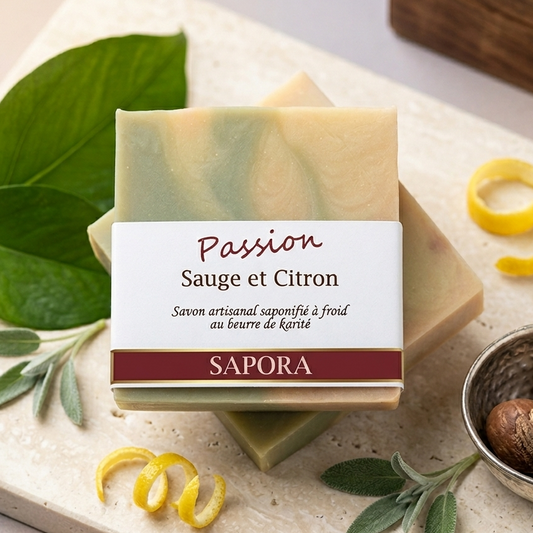 Savon Sapora 'Sauge et Citron'. Ce savon unisexe offre une expérience sensorielle fraîche et naturelle. Emballage minimaliste et chic, parfait pour un cadeau de bien-être ou une routine de soin bio et végane.