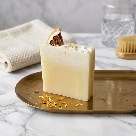 Savon artisanal au beurre de karité "Citronnade" de Sapora, présenté sur un plateau doré élégant. Le savon affiche un dégradé jaune et blanc, décoré d'une tranche de citron séché. Arrière-plan épuré de style spa avec marbre blanc, serviette texturée et flacon en cristal.