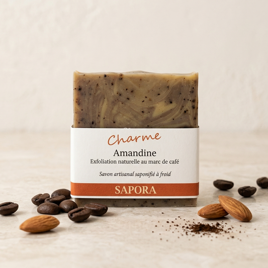 Savon artisanal Sapora Charme Amandine, saponifié à froid avec marc de café exfoliant et parfum amande, disposé dans un décor zen épuré avec grains de café et amandes entières.