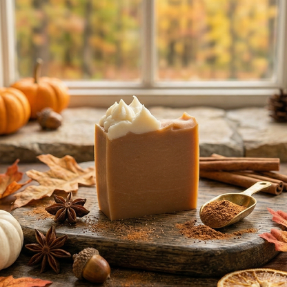 Savon artisanal "Tarte à la Citrouille" Sapora avec glaçage crémeux, mis en scène près d'une fenêtre en automne avec épices de cannelle et lumière naturelle.