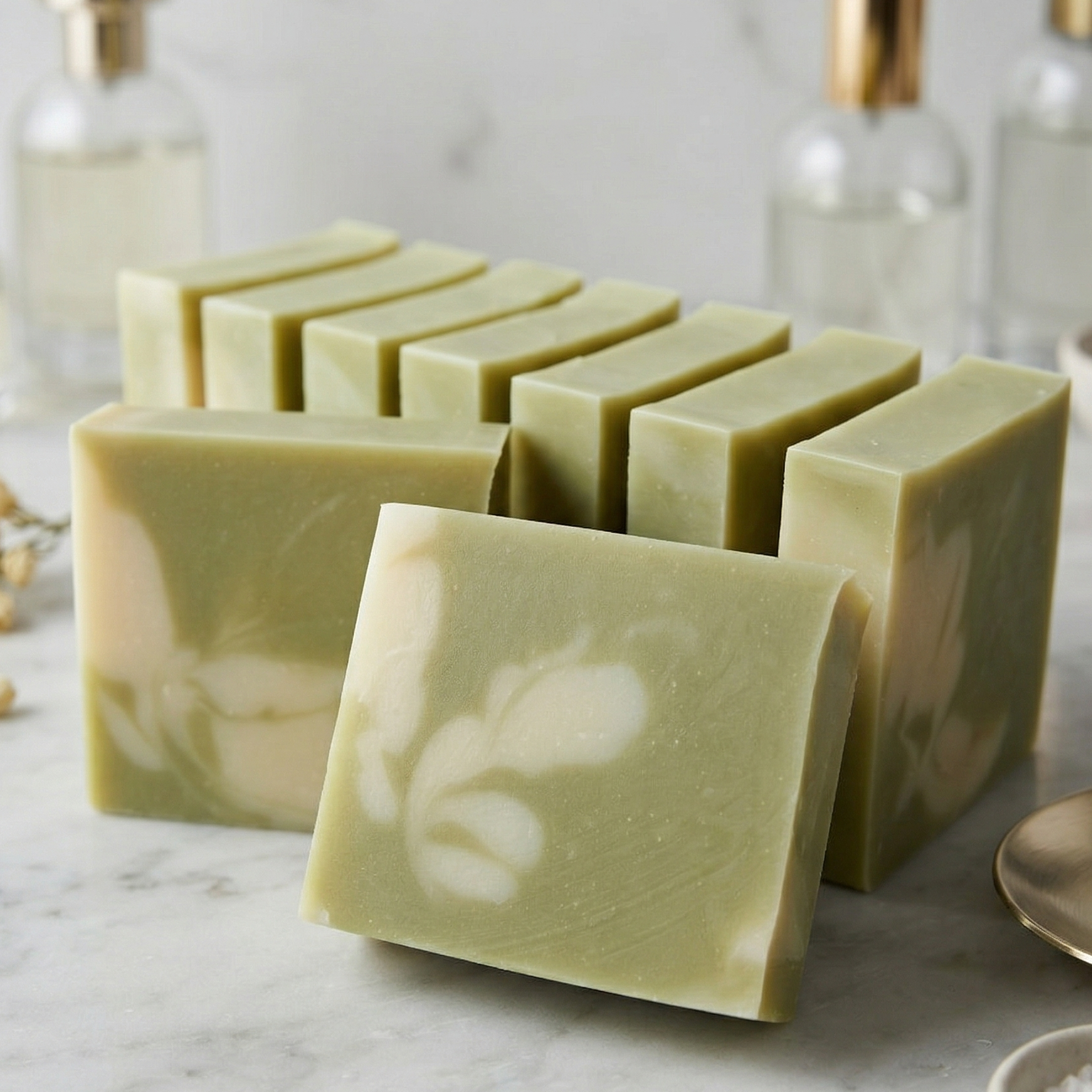 Série de pains de savon naturels au concombre alignés sur un plan de travail en marbre, style épuré et luxueux avec flacons de soin en arrière-plan flou, cosmétiques artisanaux haut de gamme.