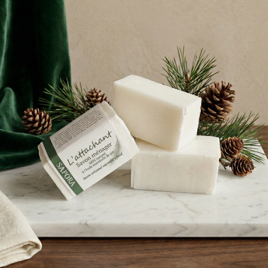 Savon ménager artisanal L'attachant de la marque Sapora à l'huile essentielle de pin, présenté en blocs blancs sur un plateau en marbre avec des pommes de pin et un tissu en velours vert.