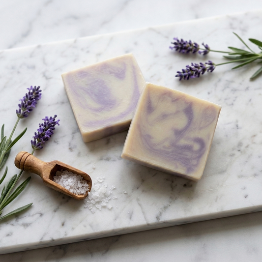 Ensemble de savons artisanaux à la lavande et au sel de mer sur une planche en marbre, avec des brins de lavande séchés et une cuillère en bois remplie de sel de mer grossier. Photographie de produits de soin naturel fait main, style spa et bien-être.