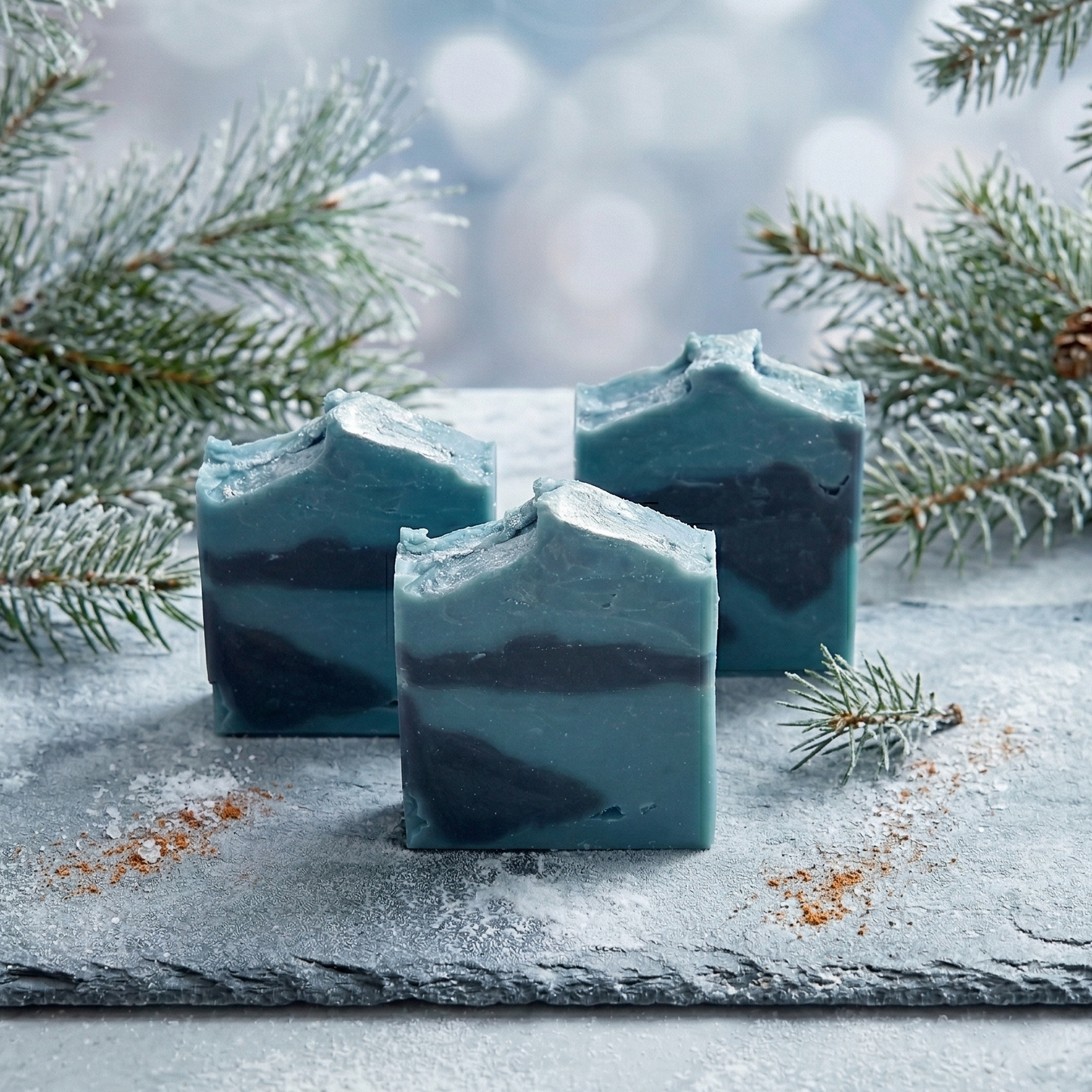 Savon artisanal bleu "Frimas Féérique" Sapora sur une pierre de quartz givrée, décor minimaliste avec branches de conifères enneigées et mures sauvages, ambiance de Noël chic et fraîche.