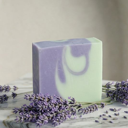 Savon artisanal rectangulaire aux marbrures lavande et vert pastel, posé sur un bloc de marbre blanc luxueux avec des brins de lavande séchée. Ambiance chic, minimaliste et lumineuse.