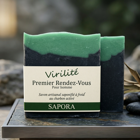 Savon artisanal pour homme Sapora, modèle Virilité Premier Rendez-Vous, saponifié à froid au charbon actif, esthétique zen chic sur pierre naturelle avec bois de santal et bergamote.