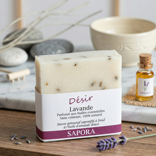 Savon artisanal saponifié à froid à l'huile d'amande douce Désir Lavande de Sapora, dans un décor zen avec pierres de massage, fiole d'huile essentielle et fleurs de lavande sur un plateau en marbre.