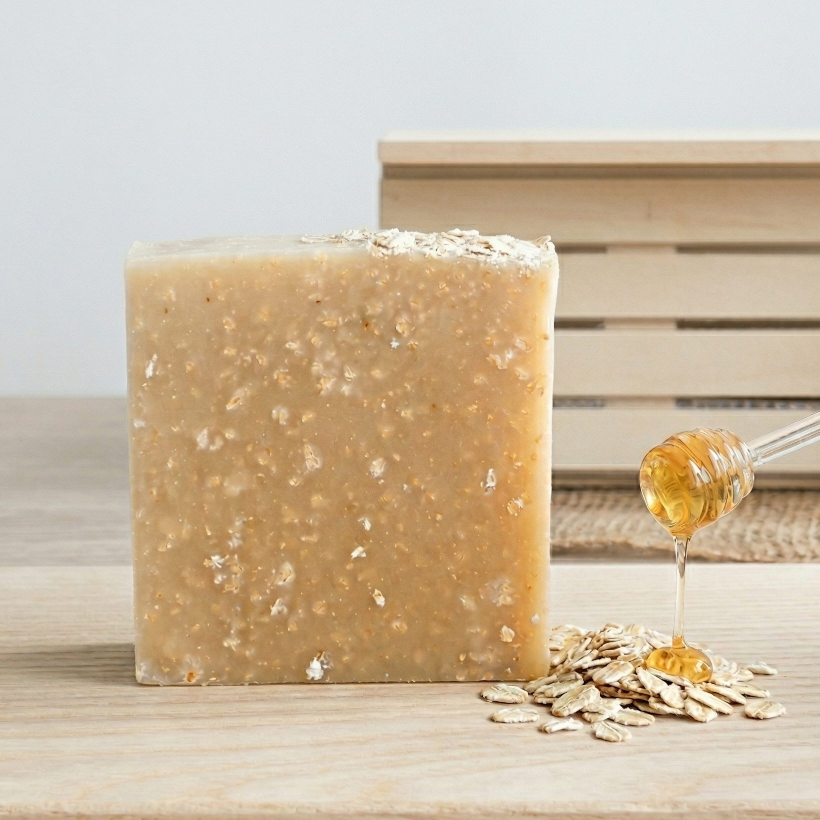 Savon saponifié à froid Sapora Avoine et Miel, texture exfoliante douce avec flocons d'avoine.