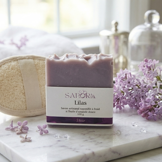 Savon artisanal au lilas Sapora, couleur mauve pastel, présenté sur un plateau de marbre avec fleurs de lilas fraîches et accessoires de bain chic, éclairage naturel.