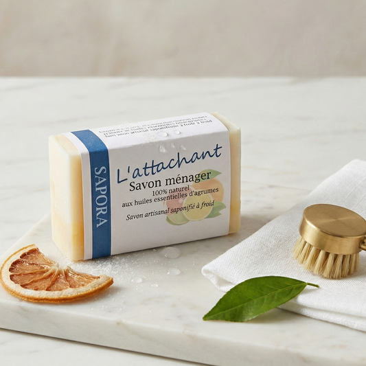 Savon ménager détachant artisanal aux agrumes, barre de savon solide pour vêtements et tissus, naturel et écologique, présenté dans un décor de buanderie minimaliste.
