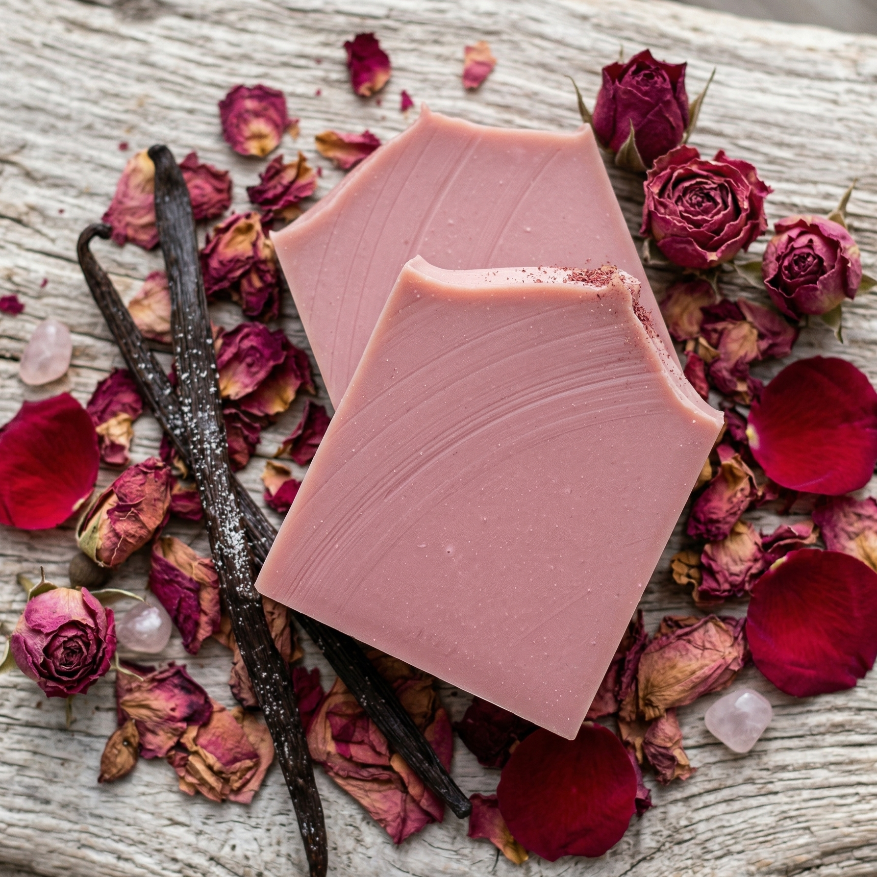 Soin de la peau naturel : Savon saponifié à froid à l'huile d'amande douce, fragrance rose et vanille. Décoration chic et minimaliste avec ingrédients naturels pour une routine beauté zen.