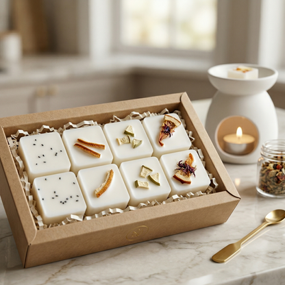 Coffret cadeau de fondants de cire de soya artisanaux Sapora avec décorations botaniques sur un comptoir de cuisine moderne.