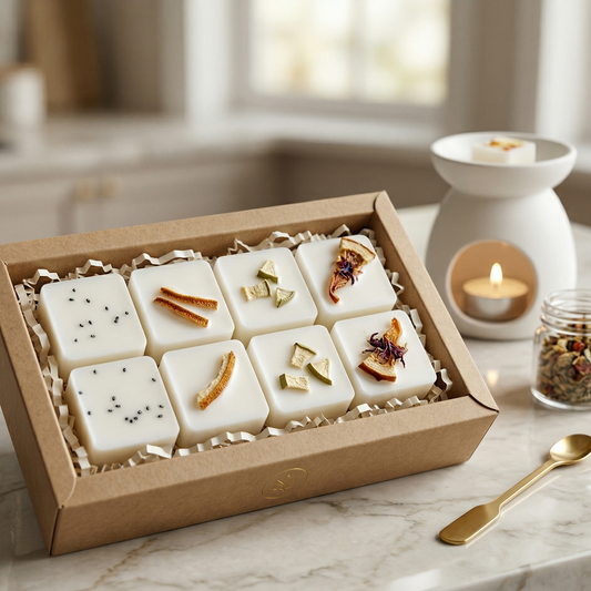 Coffret cadeau de fondants de cire de soya artisanaux Sapora avec décorations botaniques sur un comptoir de cuisine moderne.