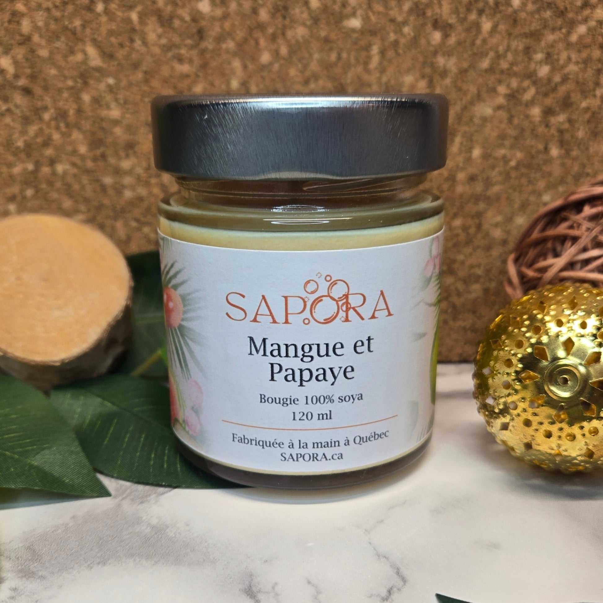 Bougie de soya naturelle, fragrance ensoleillée et vivifiante de mangue et papaye - Front