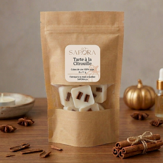 Sac de cubes de cire de soya Tarte à la Citrouille par Sapora, posé sur une table en bois avec une petite citrouille dorée et des bâtons de cannelle, ambiance automnale chic et épurée.