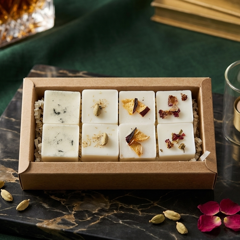 Coffret cadeau de fondants de cire de soya artisanaux "Douceur" de Sapora dans leur emballage, posé sur un plateau en marbre noir avec des cardamomes et des pétales de rose, ambiance chaleureuse avec bougie allumée, fabrication au Québec.